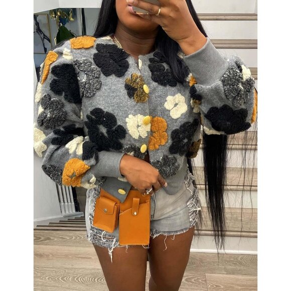 Women's Floral Fleece Bomber Jacket Small Casual Cropped Outerwear - Picture 3 of 7